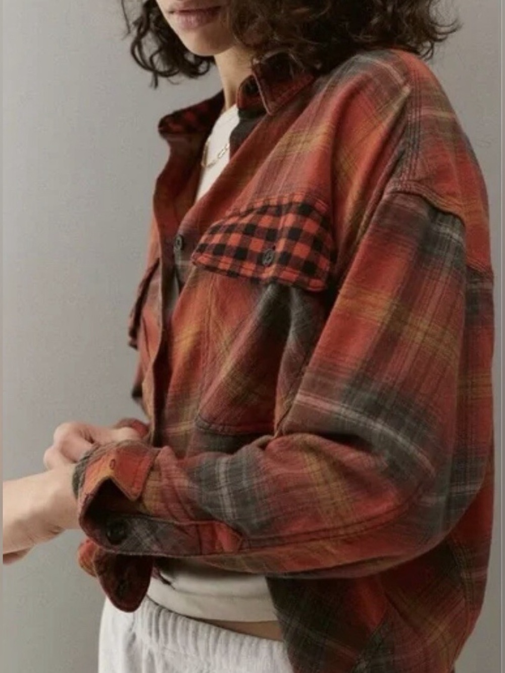BDG Urban Outfitters Rayne Flannel Boxy Cropped Button Down Shirt
